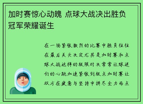 加时赛惊心动魄 点球大战决出胜负 冠军荣耀诞生