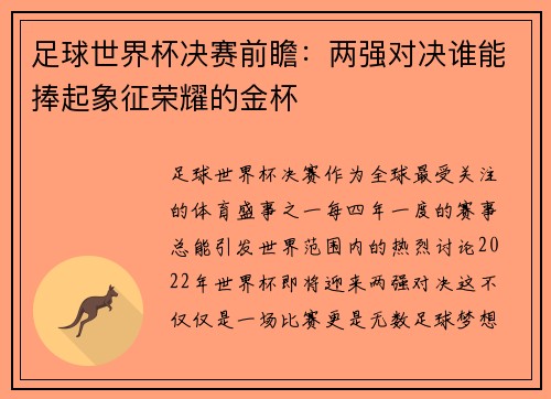 足球世界杯决赛前瞻：两强对决谁能捧起象征荣耀的金杯